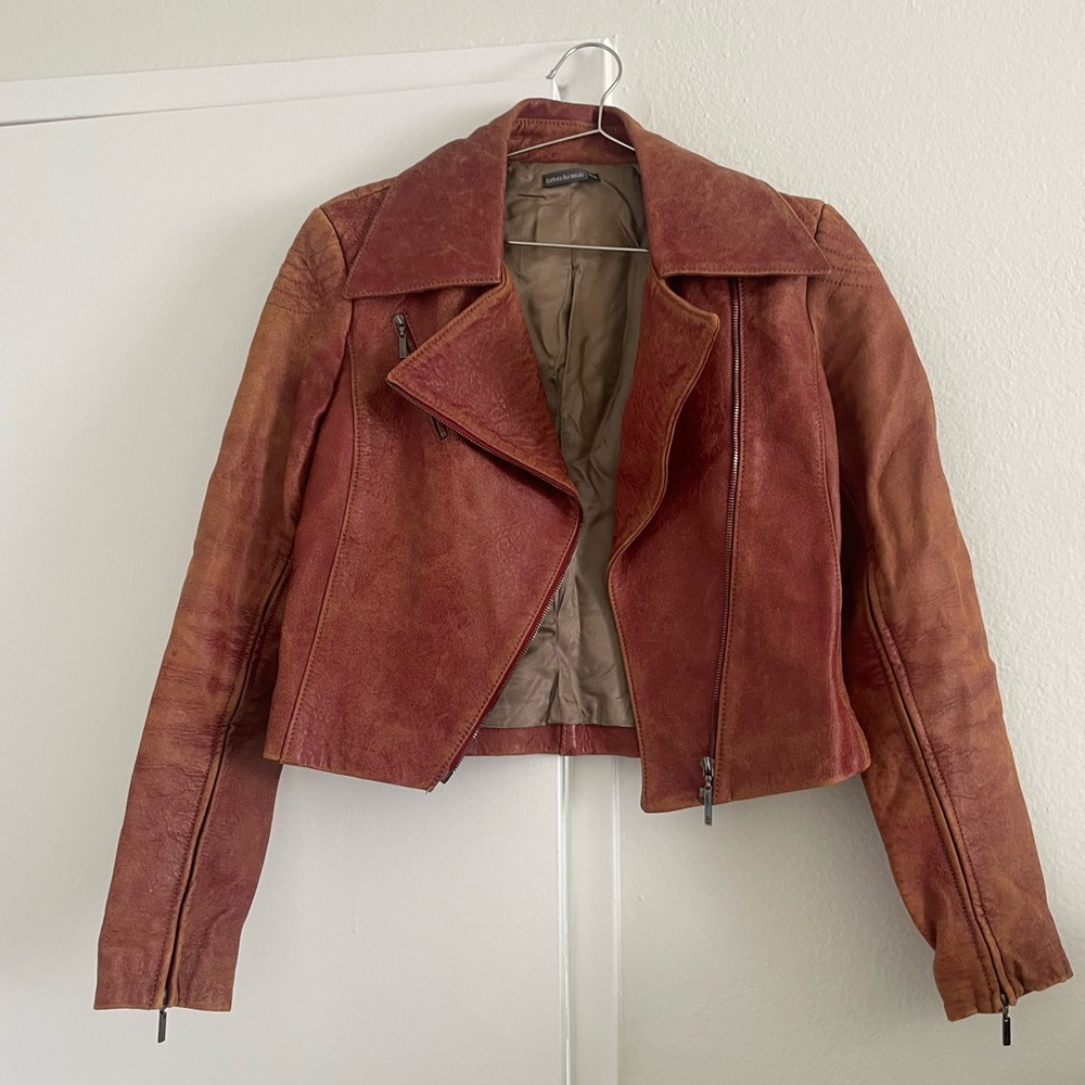 Barbara Bui Distressed Rust Leather Biker Jacket